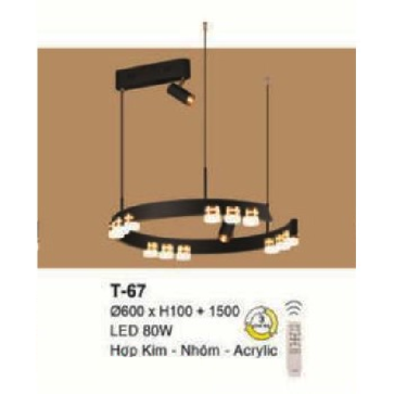 E -T- 67: Đèn thả 1 vòng LED  - KT: Ø600mm x H100mm ( chiều cao vòng LED) x H1500mm - Đèn LED 80W - Ánh sáng đổi 3 màu