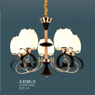 SN - C 5720/5: Đèn chùm 5 bóng chao thủy tinh - KT:  - KT: Ø640mm x H455mm - Đèn E27 x 5 bóng