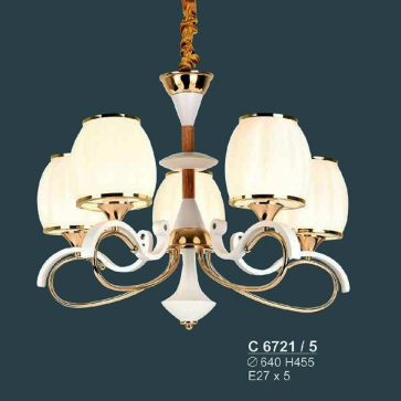 SN -  C 6721/5: Đèn chùm 5 bóng chao thủy tinh - KT: Ø640mm x H455mm - Đèn E27 x 5 bóng