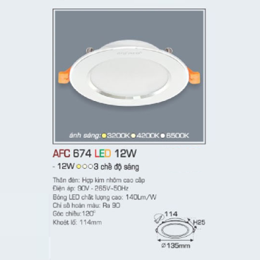 AFC 674 LED 12W: Đèn LED âm trần siêu mỏng 12W , 1 chế độ ánh sáng (vàng/trung tính/trắng)