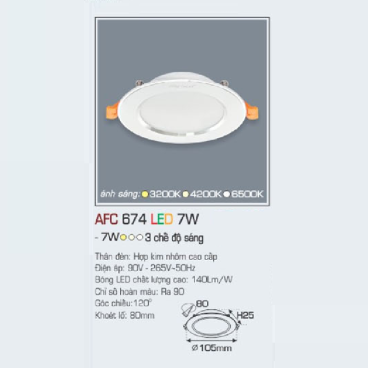 AFC 674 LED 7W: Đèn LED âm trần siêu mỏng 7W, 1 chế độ ánh sáng (vàng/trung tính/trắng)
