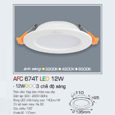 AFC 674T LED 12W: Đèn LED âm trần siêu mỏng viền trắng 12W, 1 chế độ ánh sáng (vàng/trung tính/trắng