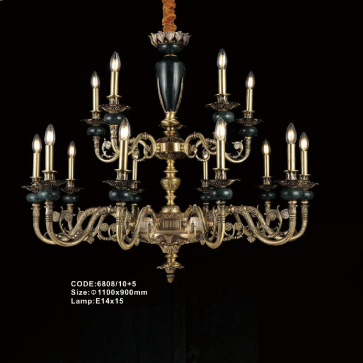 CODE: 6808/10+5: Đèn chùm đồng nến, chao màu 15 tay - KT: Ø1100mm x H900mm - Bóng đèn nến E14 x 15 bóng