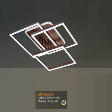 MT 6841/3: Đèn áp trần 3 vòng LED vuông thân màu nâu Caffe - KT: L550mm x W500mm x H150mm - Đèn LED đổi 3 màu