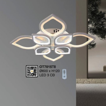 OT7015T8: Đèn áp trần LED mica 8 cánh - KT: Ø600mm x H120mm - Đèn LED đổi 3 màu