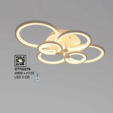 OT7022T6: Đèn áp trần LED Mica 6 cánh - KT: 800mm x H120mm - Đèn LED đổi 3 màu - Remote