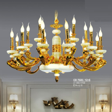 S - CD 7028/12+6: Chùm đồng 18 tay xi vàng 24K, chao đá - KT: Ø1050mm x H700mm -  Bóng đèn chân E14 x 18 bóng