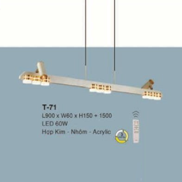 E - T- 71: Đèn thả ngang thanh LED - KT: L900mm x W60mm x H150mm ( chiều cao thanh LED) +H1500mm - Đèn LED 60W - Ánh sáng đổi 3 màu