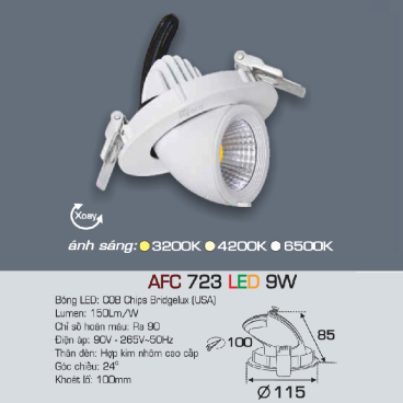 AFC 723 LED 9W: Đèn LED âm trần chiếu điểm 9W - KT: Ø115mm x H85mm - Lổ khoét: Ø100mm - Ánh sáng vàng/trung tính/trắng