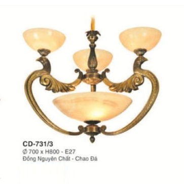 EU - CD 731/3: Đèn thả đồng 3 tay chao đá - KT: Ø700mm x H800mm - Bóng đèn chân E27 x 6 bóng