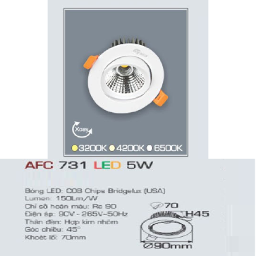 AFC 731 LED 5W: Đèn LED âm trần xoay góc 5W, 1 chế độ sáng ( vàng/trung tính/trắng)