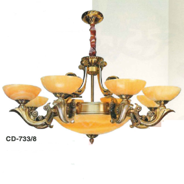 EU - CD 733/8: Chùm đồng 8 tay chao đá - KT: Ø850mm x H650mm - Bóng  đèn chân E27 x 11 bóng