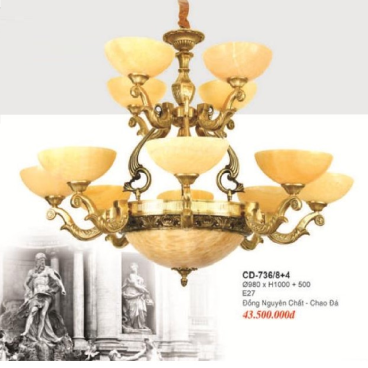 EU - CD - 736/8+4: Chùm đồng 12 tay chao đá - KT: Ø980mm x H1000mm - Đèn chân E27 x 15 bóng