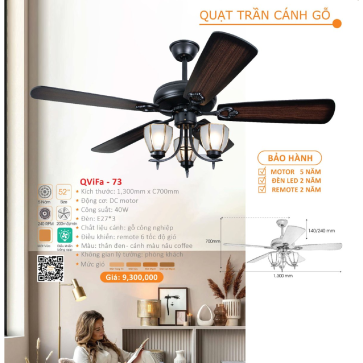 QViFa - 73: Quạt trần đèn 5 cánh gỗ