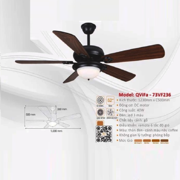 QViFa - 73VF236: Quạt trần đèn LED 3 màu 5 cánh gỗ