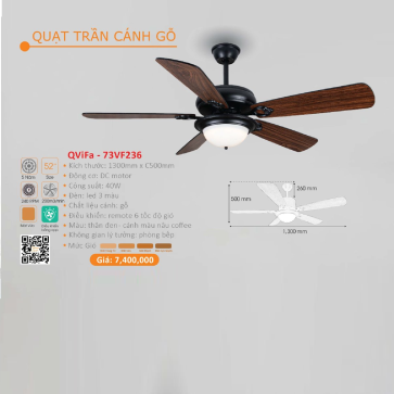 QViFa - 73VF236: Quạt trần đèn 5 cánh gỗ