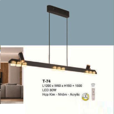 E - T- 74: Đèn thả ngang thanh LED - KT: L1200mm x W60mm x H150mm ( chiều cao thanh LED) +H1500mm - Đèn LED 80W - Ánh sáng đổi 3 màu