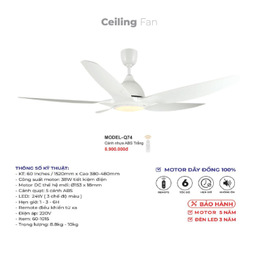 MODEL - Q.74: Quạt trần đèn 5 cánh nhựa ABS