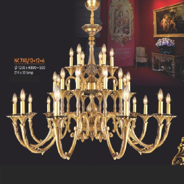 NC 740/12+12+6:  Đèn chùm đồng 30 tay - KT: Ø1200mm  x H 800mm + 500mm - Bóng đèn chân E14 x 30 bóng