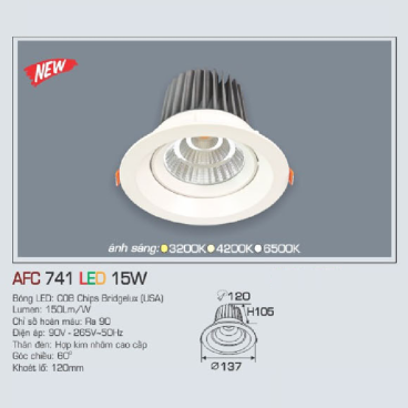 AFC 741 LED 15W: Đèn LED âm trần 15W, 1 chế độ ánh sáng ( vàng/trung tính/trắng)