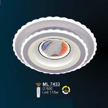 ML 7433: Đèn áp trần LED  Mica - KT: Ø500mm - Đèn LED 115W - ánh sáng đổi 3 màu - Remote