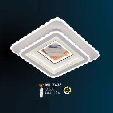 SN - ML 7436: Đèn áp trần LED Mica Vuông  - KT: L500mm x W500mm - Đèn LED 115W - Ánh sáng đổi 3 màu - Remote