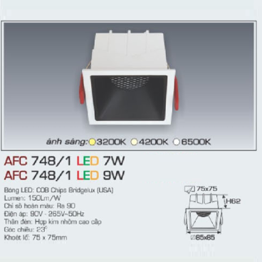 AFC 748/1 LED 7W: Đèn LED âm trần 7W , 1 chế độ ánh sáng (vàng/trung tính/trắng)