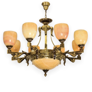 E - CD - 758/8: Chùm đồng 8 tay chao đá - KT: Ø920mm x H800mm - Bóng đèn chân E27 x 11 bóng