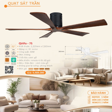 QViFa - 75: Quạt trần gắn sát trần 5 cánh gỗ