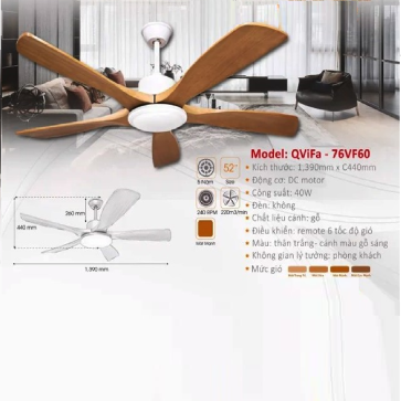 QViFa - 76/VF60: Quạt trần  5 cánh gỗ tự nhiên