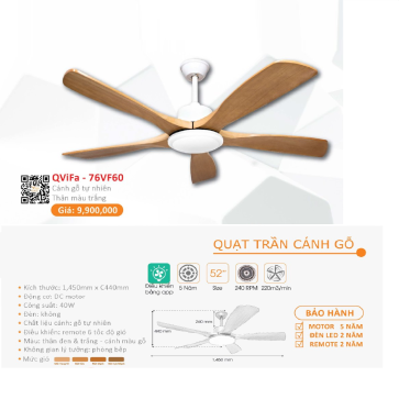 QViFa - 76VF60: Quạt trần 5 cánh gỗ tự nhiên
