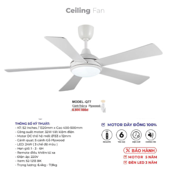 MODEL - Q77: Quạt trần đèn 5 cánh gỗ