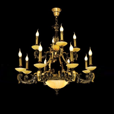 E - CD - 771/8+4: Chùm đồng 12 tay, chao đá - KT: Ø920mm x H900mm - Bóng đèn chân E14 x 12 bóng + E27 x 3 bóng