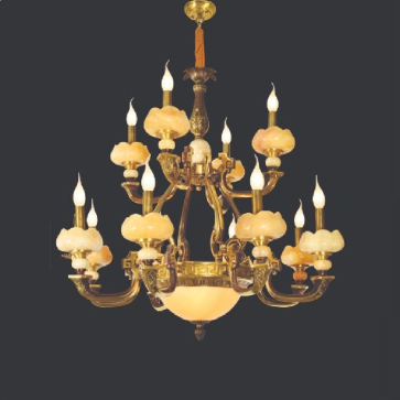 E - CD 773/8+4: Chùm đồng 12 tay,  chao đá có đèn LED - KT: Ø 900mm x H800mm - Đèn chân E14 x 12 bóng + E27x 3 bóng