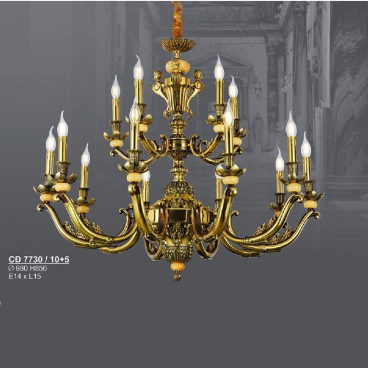 S - CĐ 7730/10+5: Đèn chùm đồng 15 tay - KT: Ø980mm x H850mm - Bóng đèn nến E14 x 15 bóng