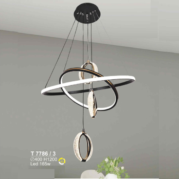 T 7786/3: Đèn thả  vòng LED 3 bóng - KT: Ø400mm x H1200mm - Đèn LED 165W đổi 3 màu