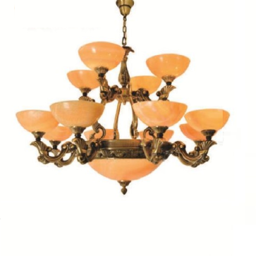 EU - CD 779/8+4: Chùm đồng 12 tay, chao đá - KT: Ø950mm x H800mm - Bóng đèn chân E27 x 15 bóng