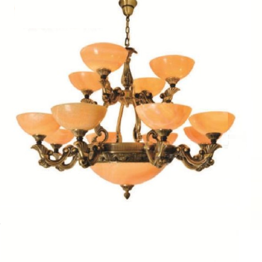 EU - CD 779/8+4: Chùm đồng 12 tay, chao đá - KT: Ø950mm x H800mm - Bóng đèn chân E27 x 15 bóng