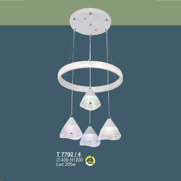 T 7792/4: Đèn thả  vòng LED 4 bóng - KT: Ø400mm x H1200mm - Đèn LED 205W đổi 3 màu