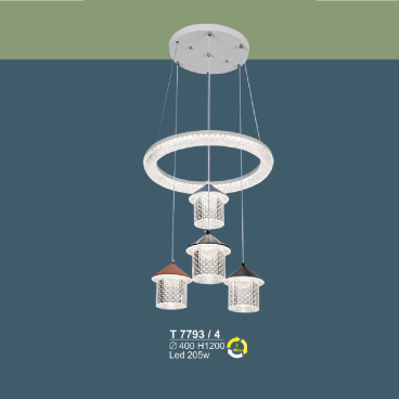 T 7793/4: Đèn thả  vòng LED 4 bóng - KT: Ø400mm x H1200mm - Đèn LED 205W đổi 3 màu