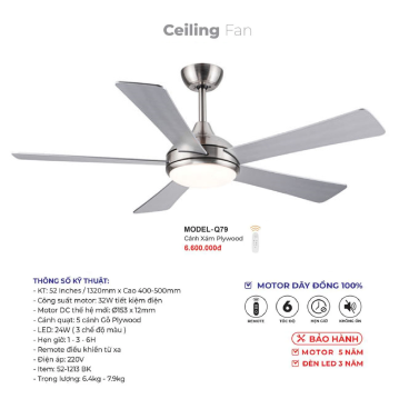 MODEL - Q79: Quạt trần đèn 5 cánh gỗ