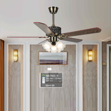 QD 7923/5: Quạt trần đèn 5 cánh gỗ, chao đèn thủy tinh