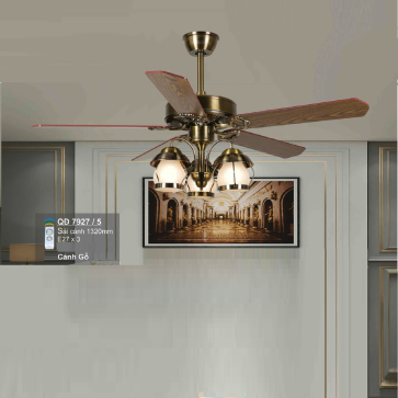 QD 7927/5: Quạt trần đèn 5 cánh gỗ, chao đèn thủy tinh
