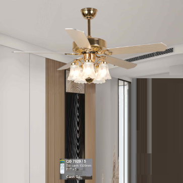 QD 7929/5: Quạt trần đèn 5 cánh gỗ, chao đèn thủy tinh