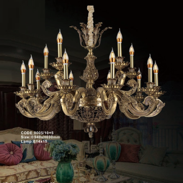 CODE: 8005/10+5: Đèn chùm đồng nến 15 tay - KT: Ø940mm x H690mm - Bóng đèn E14 x 15 bóng