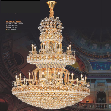 NC 8006/16+8: Chùm Phale nến - KT: Ø1200mm x H1800mm +1000mm - 778 Hạt Phale tròn - Bóng đèn E14 x 76 bóng