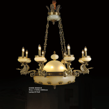CODE: 80665/8: Đèn chùm đồng chao đá 8 tay - KT: Ø1000mm x H1000mm - Bóng đèn E14 x  8 bóng