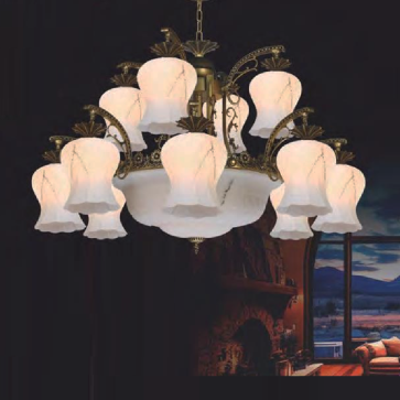 NC 8068/12: Đèn chùm 12 tay, chao thủy tinh - KT: Ø1000mm x H650mm +500mm - Bóng đèn E27 x 15 bóng