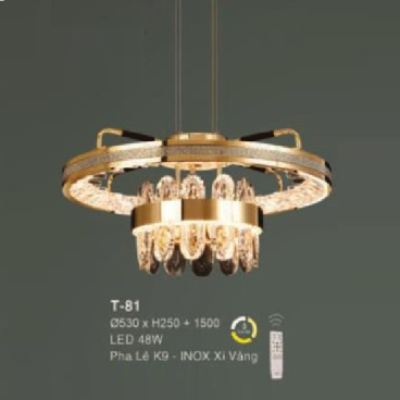 E - T - 81: Đèn thả vòng LED gắn rời - KT:  Ø530mm  x H250mm x H1500mm - Đèn LED 48W - Ánh sáng đổi 3 màu