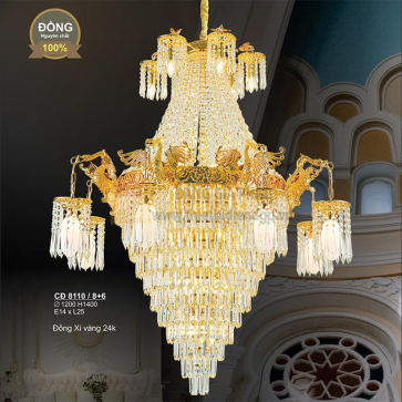 CĐ 8110/8+4: Đèn chùm đồng xi mạ vàng thanh/thẻ Phale - KT: Ø1200mm x H1400mm - Bóng đèn E14 x 25 bóng